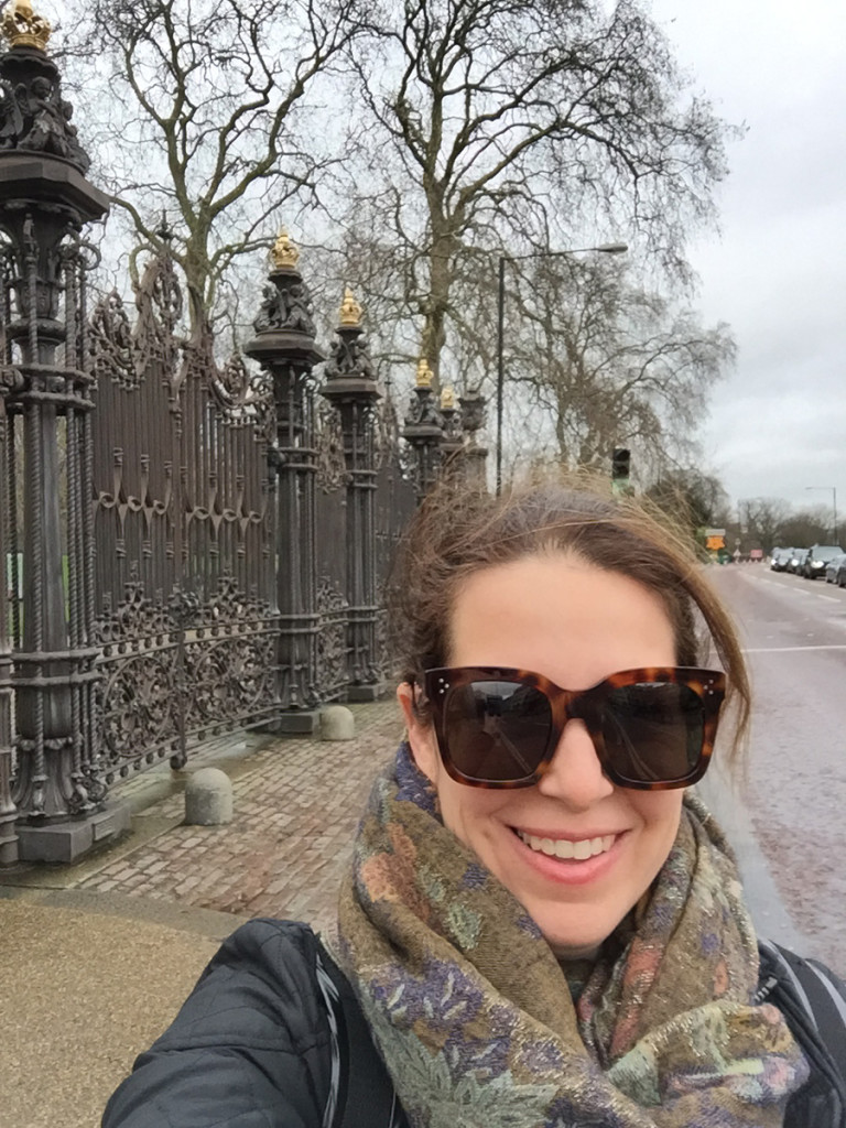 Liz Banfield outside Kensington Gardens. Celine sunglasses.