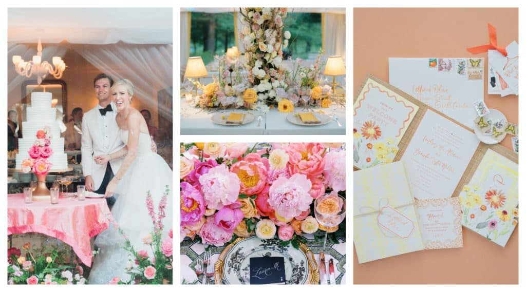 a series of images depicting colorful wedding design. A couple cuts a cake with lots of bright pink and coral floral arrangments. A white and yellow tablescape features miniature lamps, yellow linen napkins, and lots flowers climbing. A colorful wedding invitation. 